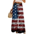thumbnail image 2 of Women's Independence Day Pants Patriotic American Flag Print Elastic High Waist Lounge Pants Slit Baggy Wide Leg Classic Fit Breathable Trousers, #01 Dark Blue, XL, 2 of 6
