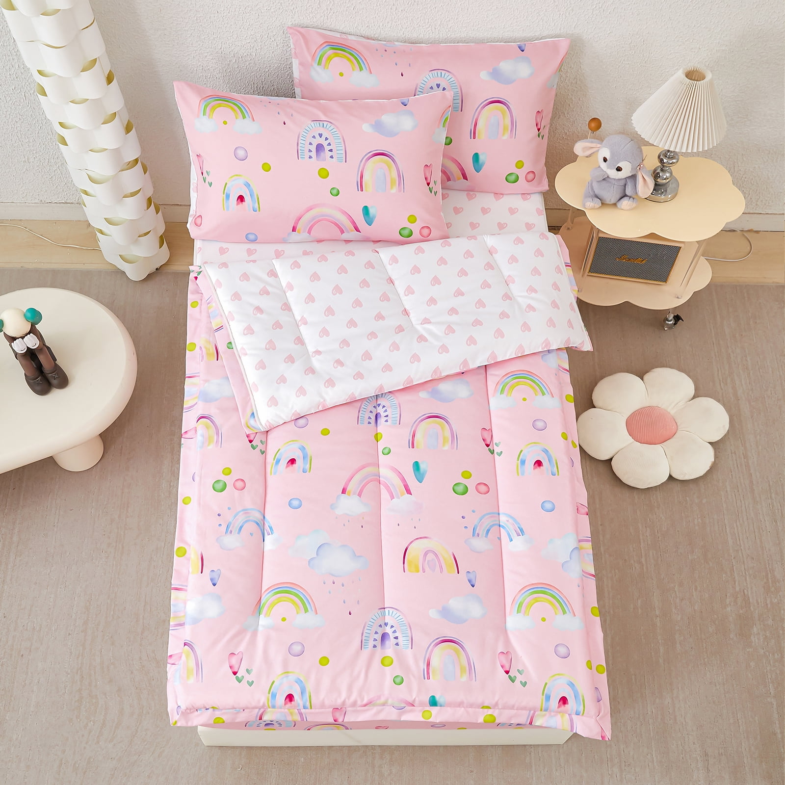 ZRNBAST Zipper Bedding Set for Girls, 3Pcs Pink Hearts Rainbow Twin Size Comforter with Fitted Sheet & Pillowcases, All-in-One Zipper Bed Set for Kids Room(Pink,Twin)