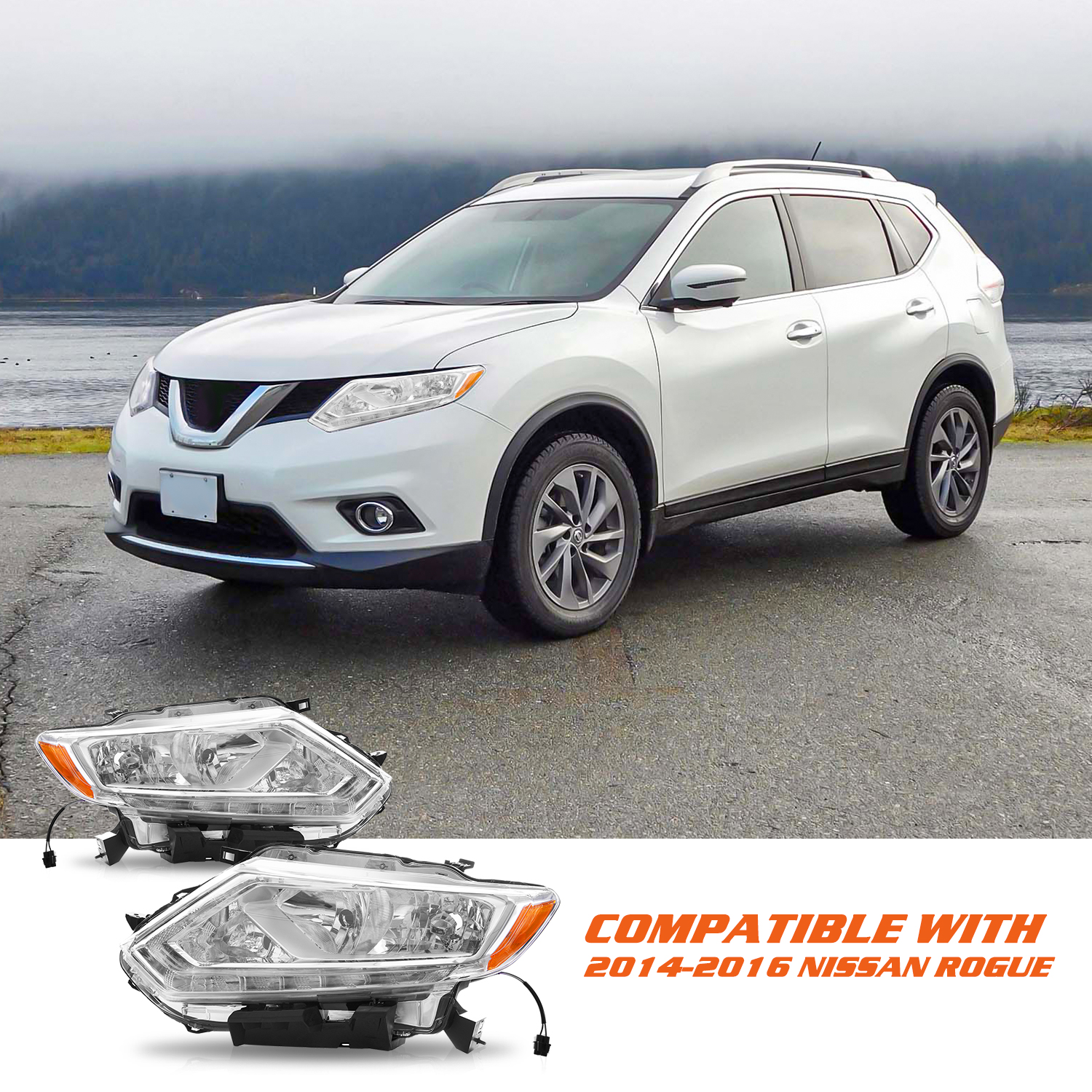 For 2014 2015 2016 Nissan Rogue Halogen LED DRL Headlights Assembly Pair