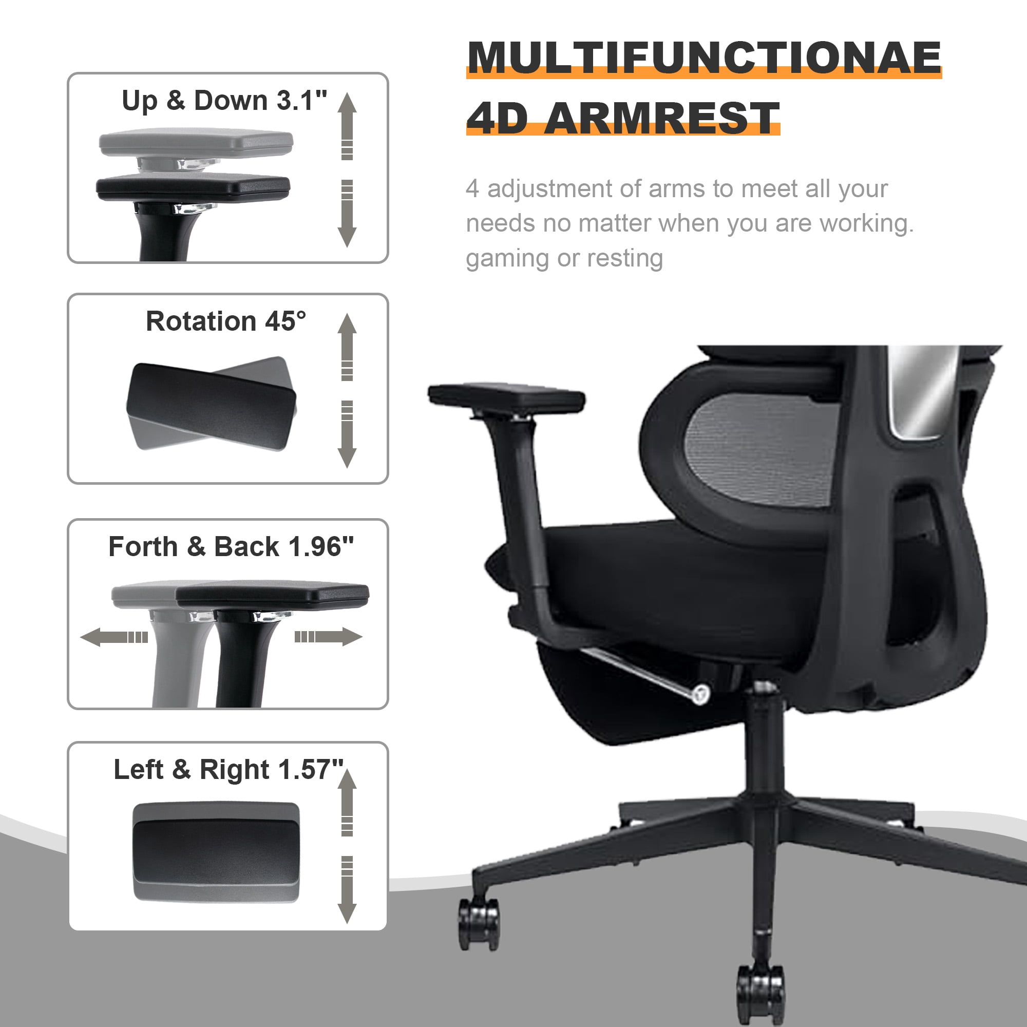 Ergonomic Office Chair with Footrest, High-back Computer Chair with Dynamic Lumbar Support, 2D Headrest & 4D Armrests, Sponge Cushion & Mesh Back, Home Office Chair for Adults, Black