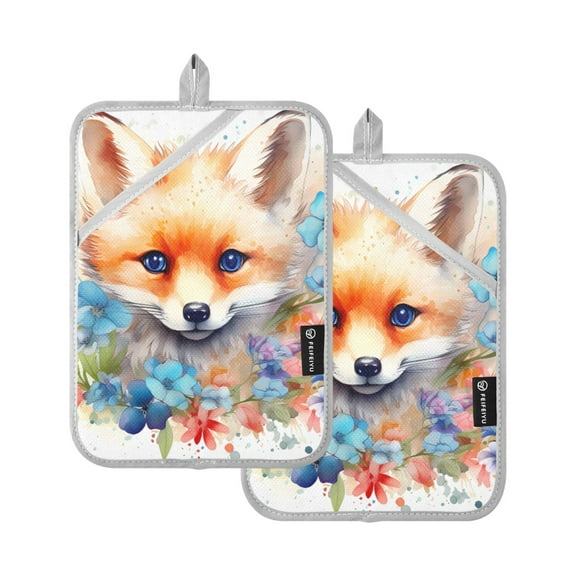 ALAZA Fox in Flowers Floral Pot Holders Set of 2 Heat Resistant Kitchen Oven Mitts