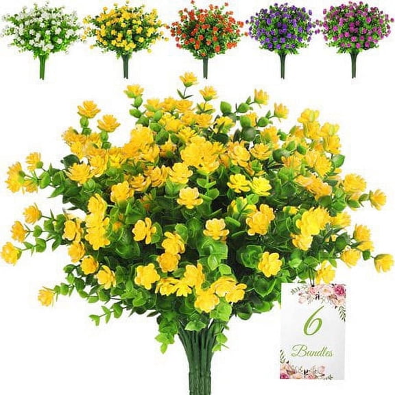 Morttic 6 Bundles Artificial Flowers Faux Plastic Greenery Shrubs Plants UV Resistant for Home Wedding Farmhouse Decor, Yellow