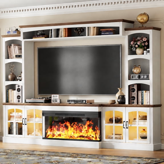 TV Stand, 98" Engineered Wood Entertainment Center with 36" Electric Fireplace and Storage, White Farmhouse Wall Unit for Living Room