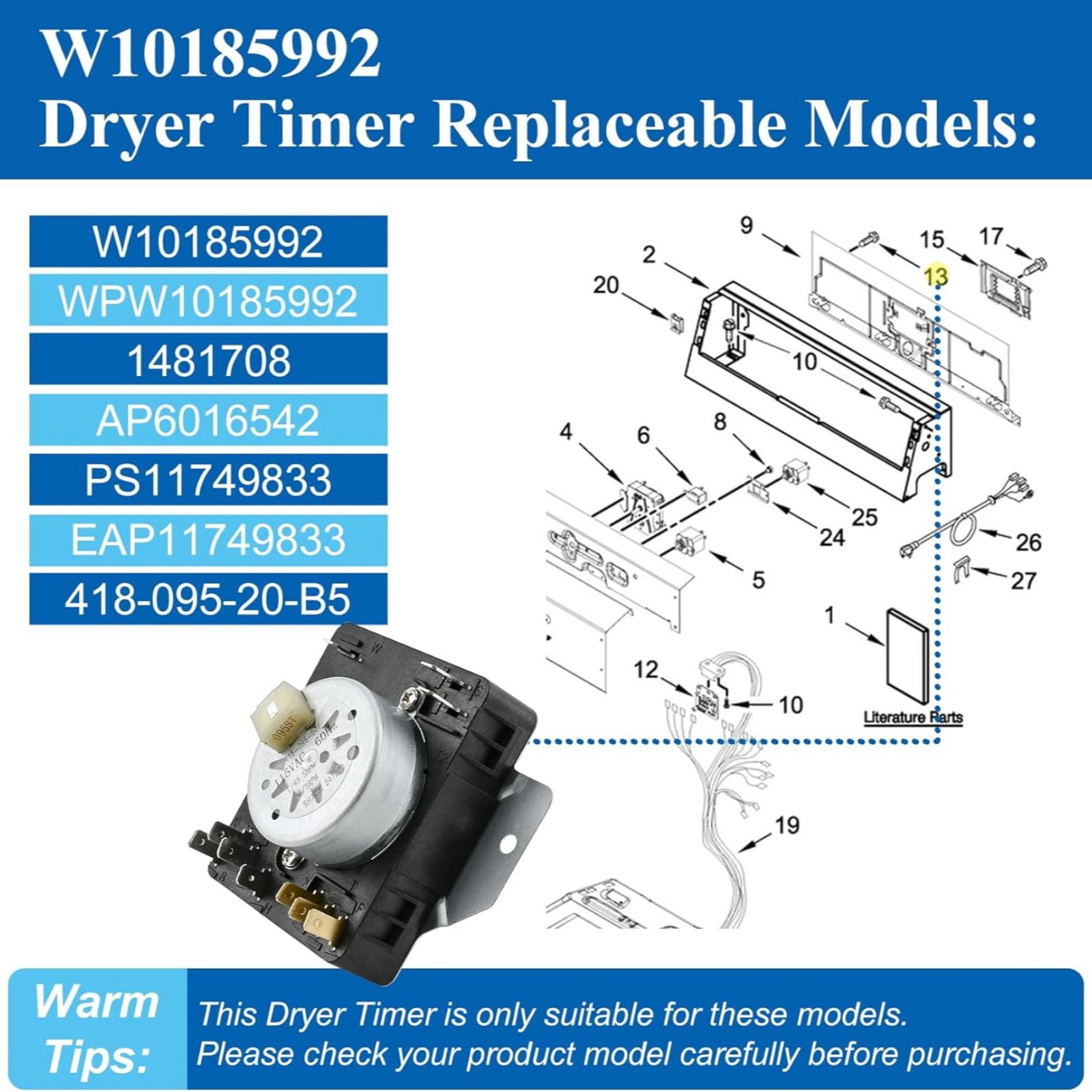 TAPDRA Replacement Cycle Timer for Whirlpool Maytag Crosley Kenmore Dryers Replaces AP6016542 115V 60Hz Control