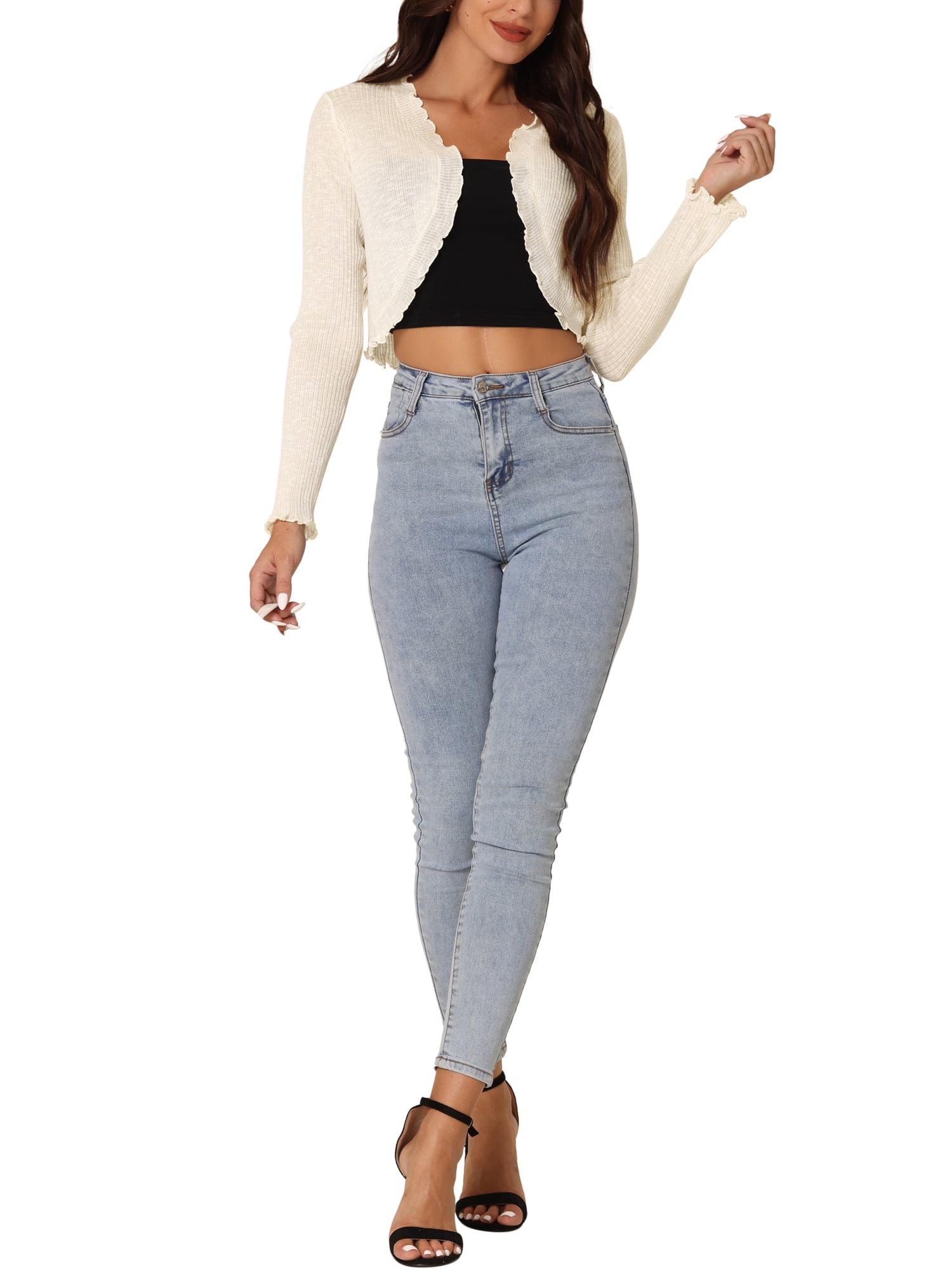 INSPIRE CHIC Women's Elegant Long Sleeve Crop Open Front Ruffle