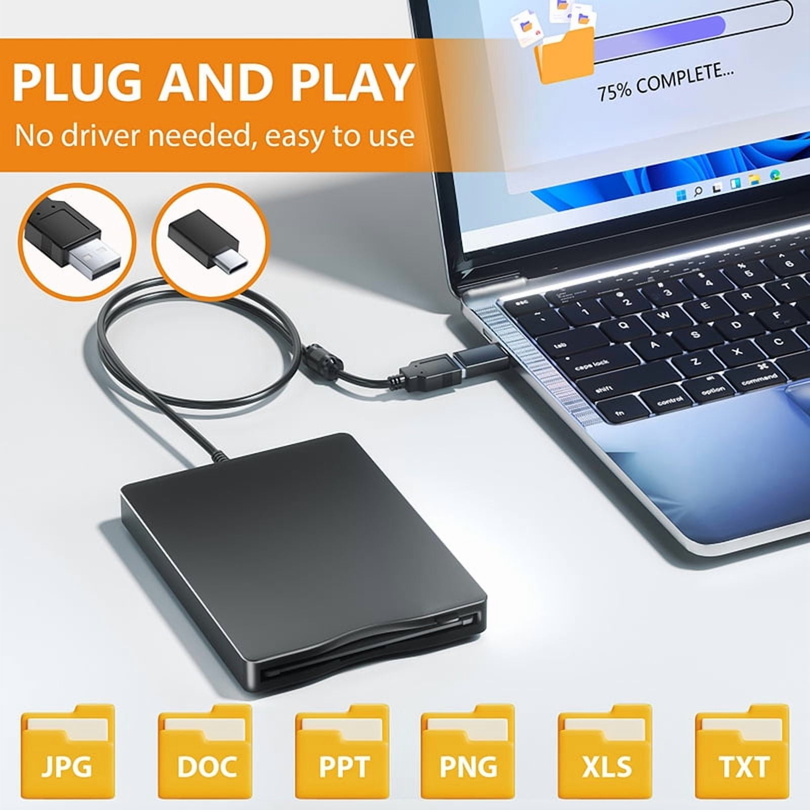 Portable 3.5" Floppy Disk Reader Drive USB Type-C External 1.44 MB FDD Diskette Drive for 10/7/8/XP ,Wide Compatibility
