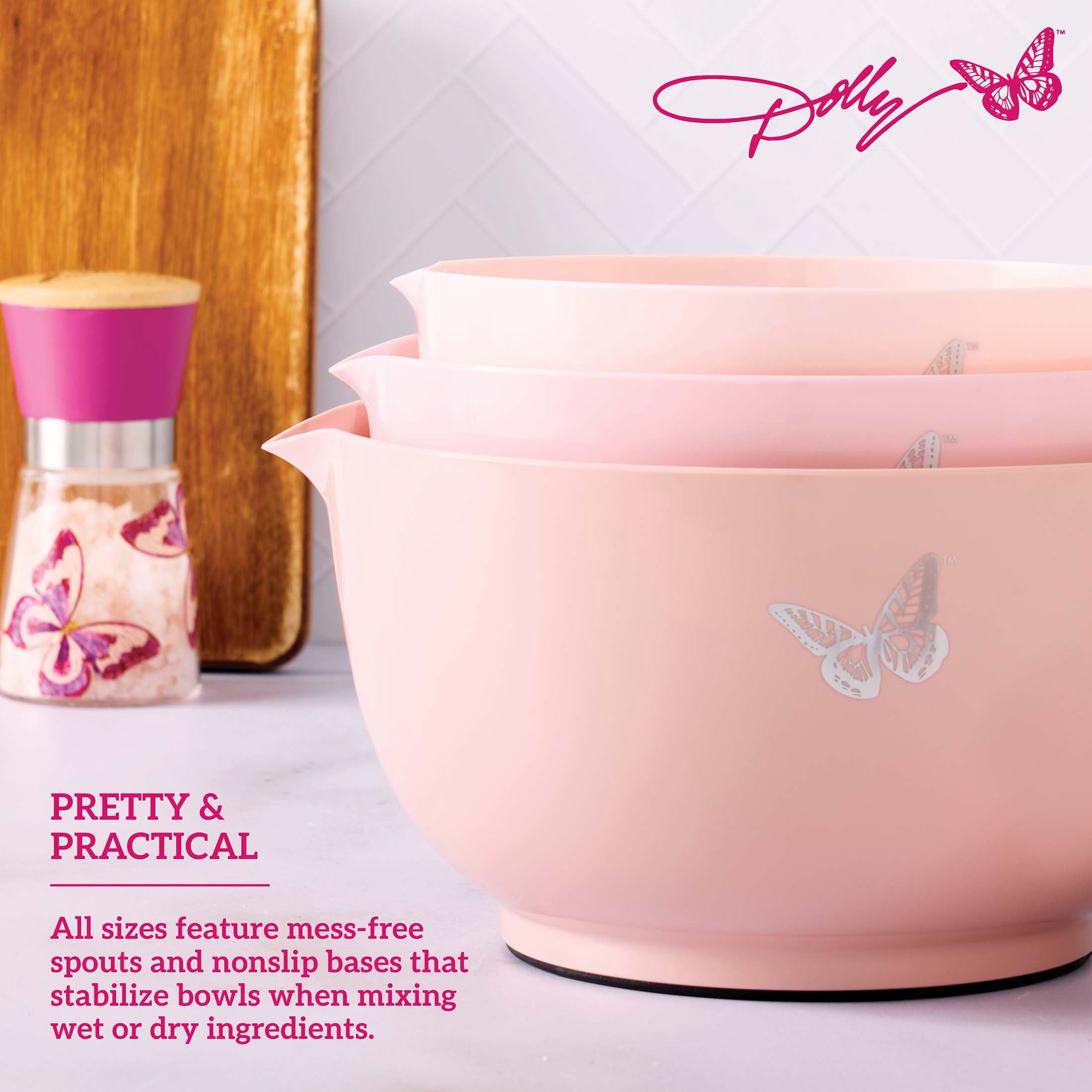 Dolly Parton Plastic Mixing Bowls with Mess-Free Spout, Blush