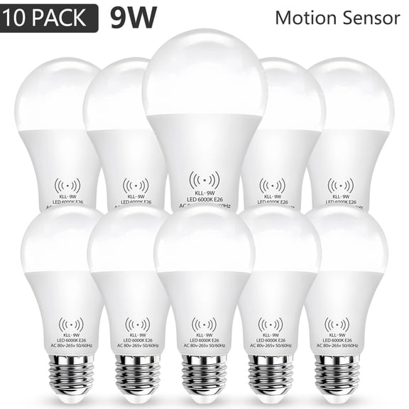 Kasotile A19 LED Motion Sensor Light Bulb (80W Equivalent) E26 LED Dusk to Dawn Lamp Bulb Cool White 10PK
