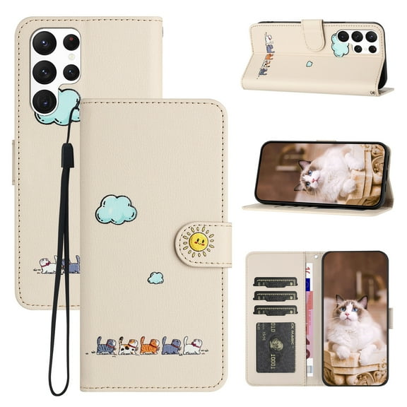 for Samsung Galaxy S22 Ultra Lovely Cartoon Pattern Wallet Flip PU Leather Case, with Wrist Strap / Credit Card Slots / Photo Slot / Cash Pocket Kickstand Cute Phone Cover for Galaxy S22 Ultra, Beige