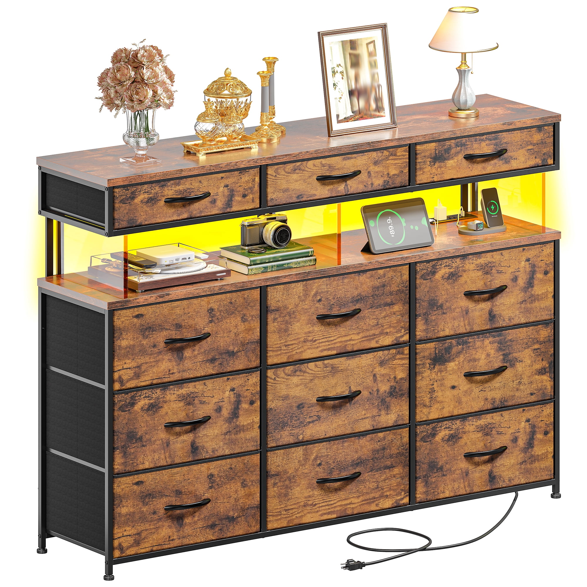 Romorgniz Dresser for Bedroom with 12 Fabric Drawers Wide Dresser with LED Lights & Charging Station Chest of Drawers with Acrylic Sheet, Rustic Brown