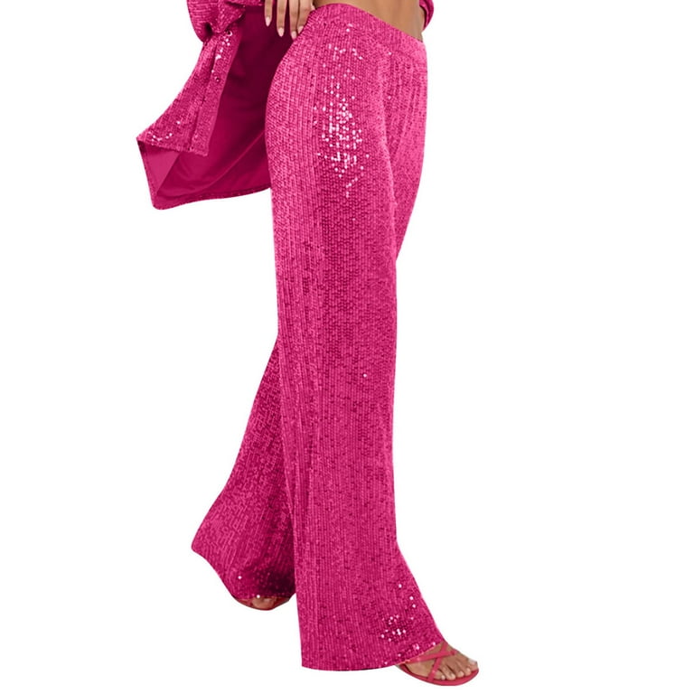 YYDGH Sequin Pants for Women Sparkle Wide Leg Flare Pants Elastic High  Waist Glitter Bell Bottoms Trousers Party Clubwear Hot Pink L