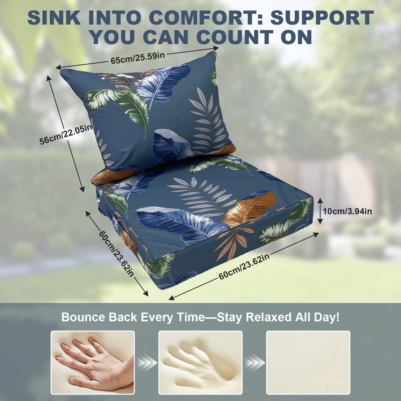 Outdoor Seat Cushion Set 24 x 24 Inch Waterproof & Fade Resistant Patio Furniture Cushions with Removable Cover, Outdoor Sofa Replacement Seat & Back Cushions for Chair Sofa Couch, Blue Leaves