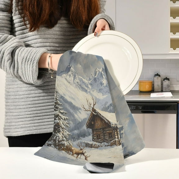 BZSMCE Kitchen Towels Creative Wooden Cabin Covered in Snow Pattern Durable Kitchen Towel