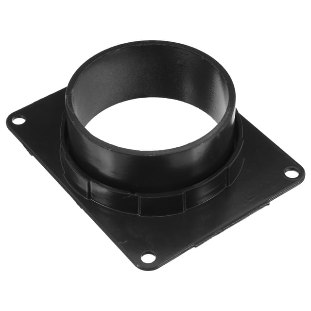adaptador de bajante de canalón de aluminio para drenaje de agua de lluvia, conector de salida de agua redondo IFANLANDOR negro, vista cenital frontal centrada del accesorio cuadrado con salida circular y cuatro orificios de fijación, diámetro interior visible y acabado liso, tamaño 9×7.5×3.5 cm; diseñado para conectar canalones a bajantes redondos y gestionar el agua de lluvia; a menudo usado también para desagües pequeños en balcones o garajes.