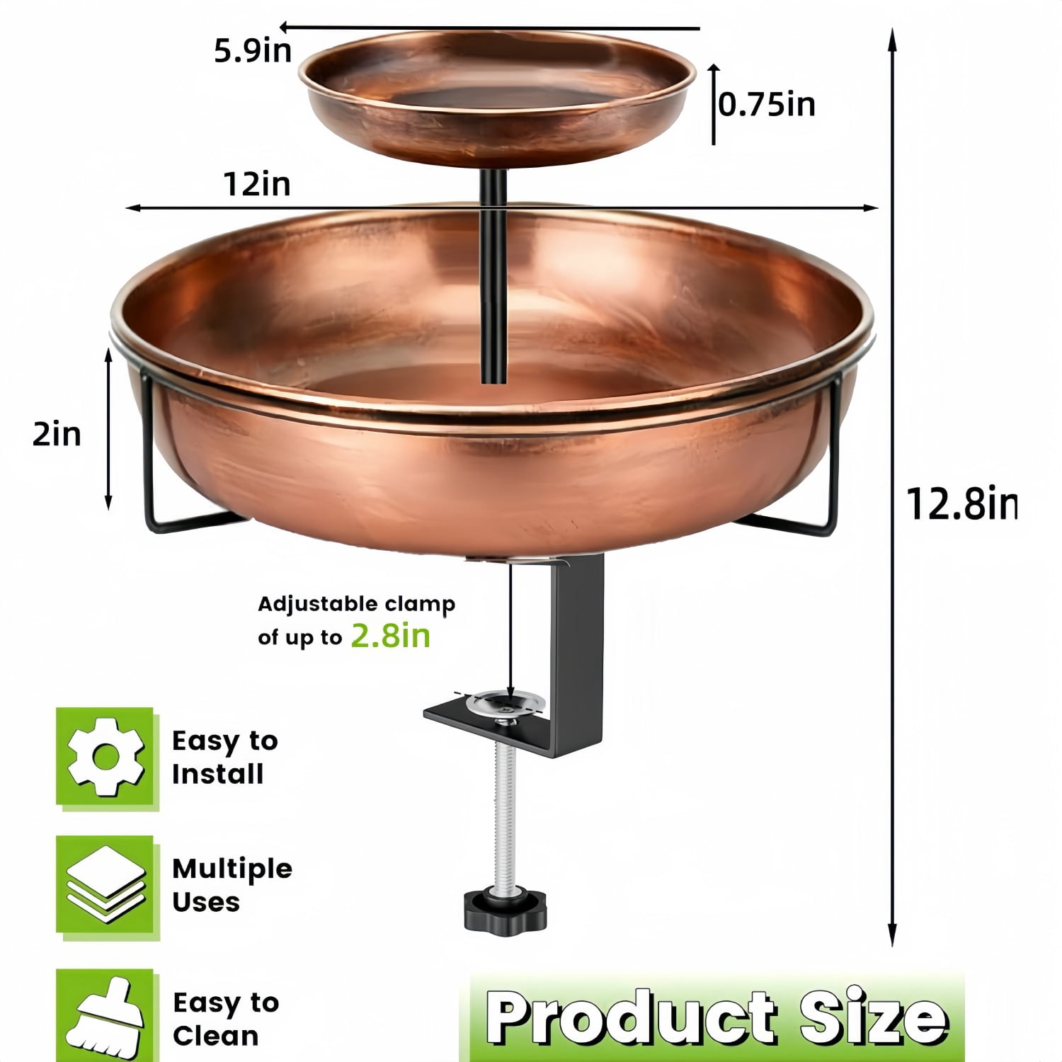 Deck Mounted Bird Bath with Bird Feeder, Adjustable Metal Clamp, Double-Tier Detachable Bird Bath for Deck Railing, Balcony & Fence, Rust-Resistant (Antique Bronze)