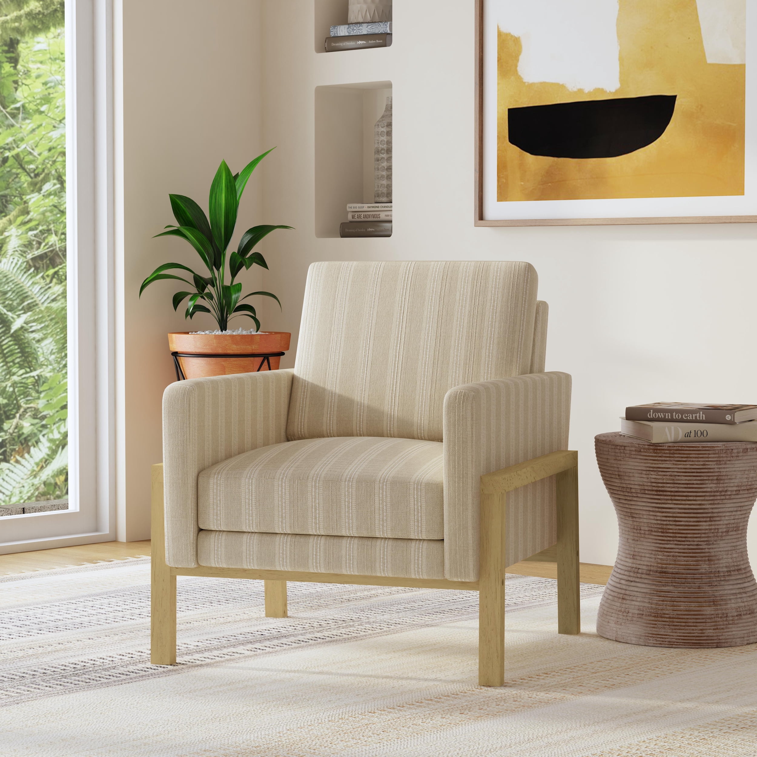 Modern Exposed Wood Accent Chair, Tan Stripe