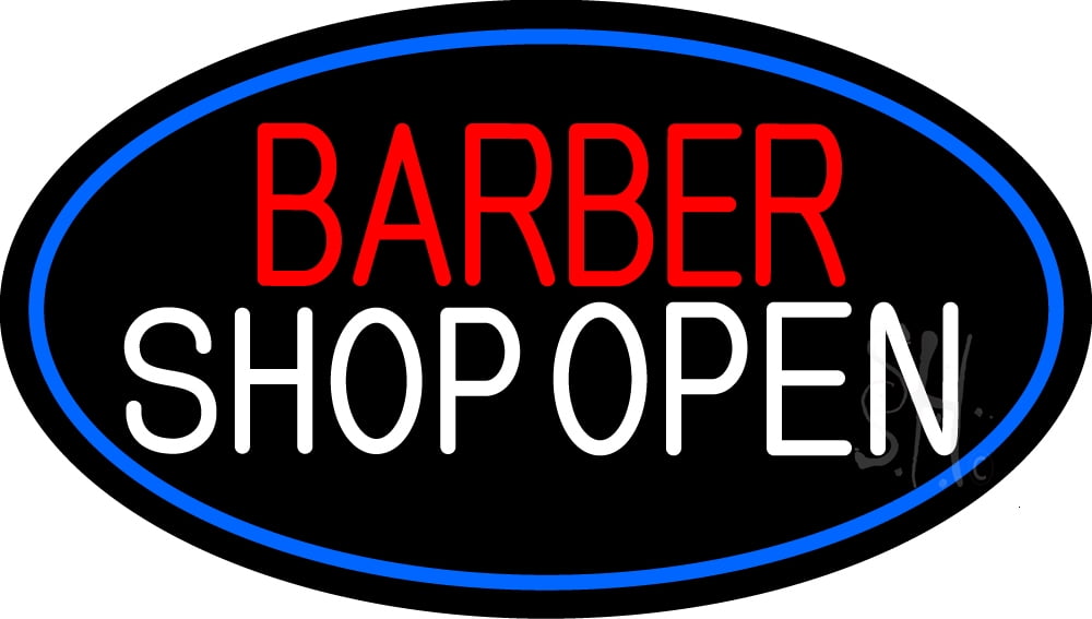 Barber Shop Open With Blue Border LED Neon Sign 13 x 24 inches, Black