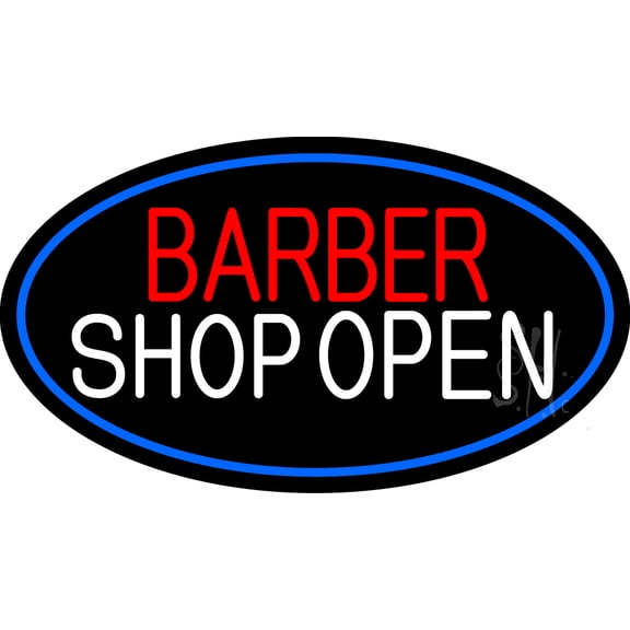 Barber Shop Open With Blue Border LED Neon Sign 20 x 37 - inches, Black Square Cut Acrylic Backing, with Dimmer - Bright and Premium built indoor LED Neon Sign for Defence Force.