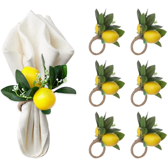 ABPETE Lemon Napkin Rings Set of 6 Yellow Lemon Vine Leaf Napkin Holder Spring Summer Lemon Napkin Ring Holder for Wedding Dinner Party Table Decor