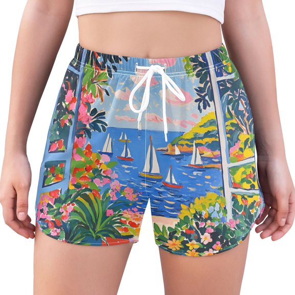 FORMRS Womens Swim Shorts Mesh Liner Quick Dry Casual Beach Board Bottom with Pockets, Sizes S-2XL, Pink Floral Window