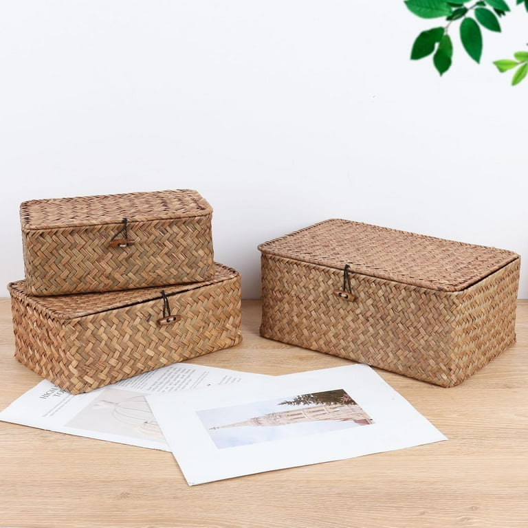 Moosky Wicker Shelf Baskets With Lid,Natural Seagrass