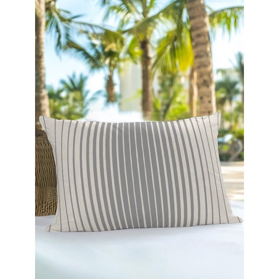 Outdoor Pillows Waterproof, Grey Striped Bedding Throw Pillows with Insert for Couch Sofa Bed, Farmhouse Beige Stripes Vintage Rustic 12x20 Inch Pillowcases Decorative Camping Patio Pillow Set of 1