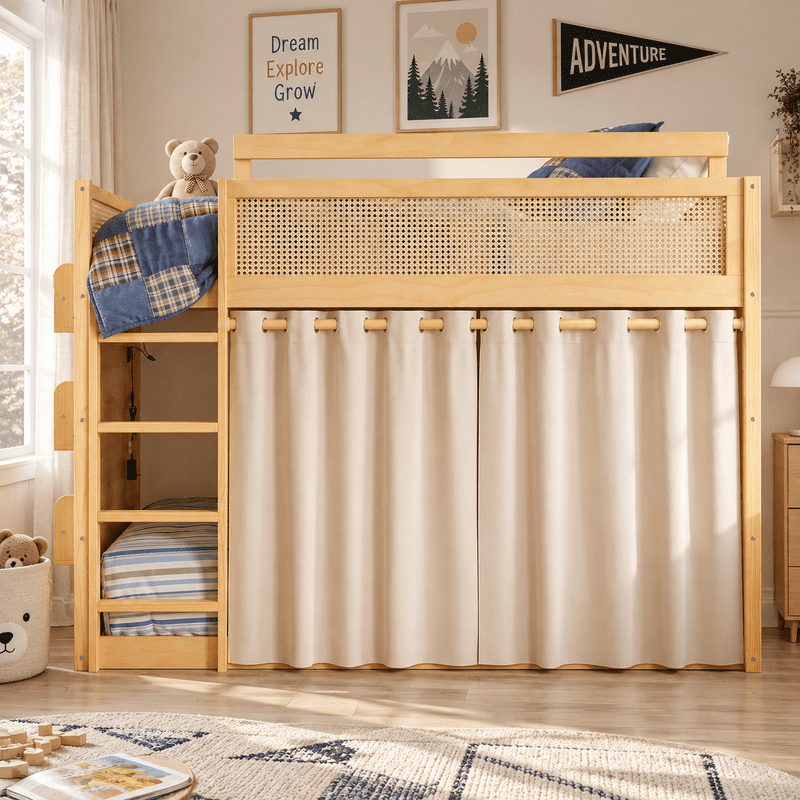 Full Size Bunk Bed with 3-Tier Storage Shelf, Rattan-Style Decor, Privacy Curtains and LED Light Strip, Modern Wood Full Over Full Bunk Bed Frame for Kids Teens