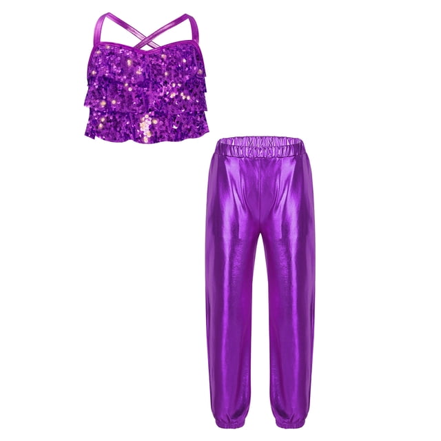 Yeahdor Girls Hip Hop Jazz Street Dance Performance Outfits Sequin Ruffles Tank Crop Top with Metallic Trousers Set Purple 8