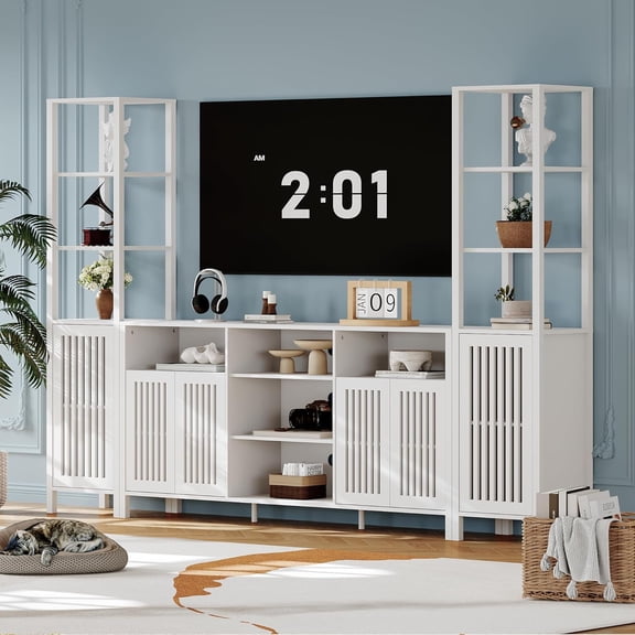 BouPower TV Stand for 70 Inch TV,Entertainment Center with Storage Cabinets and Doors,Mid Century Modern Media TV Console Table for Living Room Bedroom