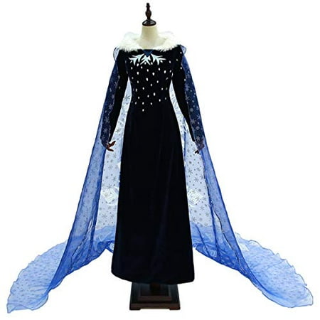iCos Deluxe Girl Women's Princess Dress Velvet Ball Gown Blue Adventure Halloween Costume with Shinning Cloak