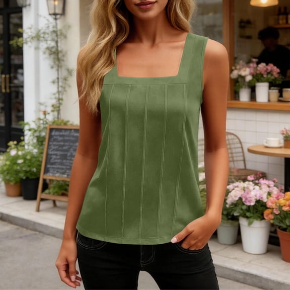 ClodeEU Women's Square Neck Sleeveless Tank Top, Loose Fit Casual Blouse,Solid Color Everyday Summer Camisole Army Green,Women's Plus L