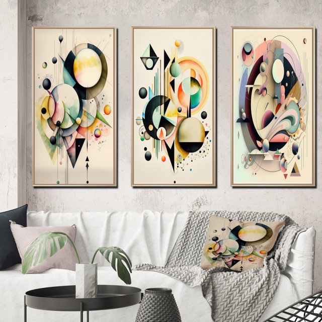 Designart "Minimalist Multi-Shape Art in Pastel I" Modern Framed Wall Art Set Of 3 - Green Abstract Minimalism Frame Gallery Wall Set For Home Decor