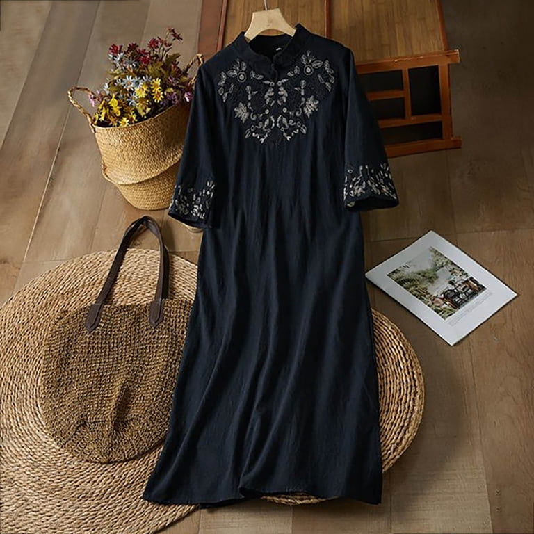 maxi dress with mandarin collar Linen Mandarin Neck Maxi | Modest Maxi Dresses