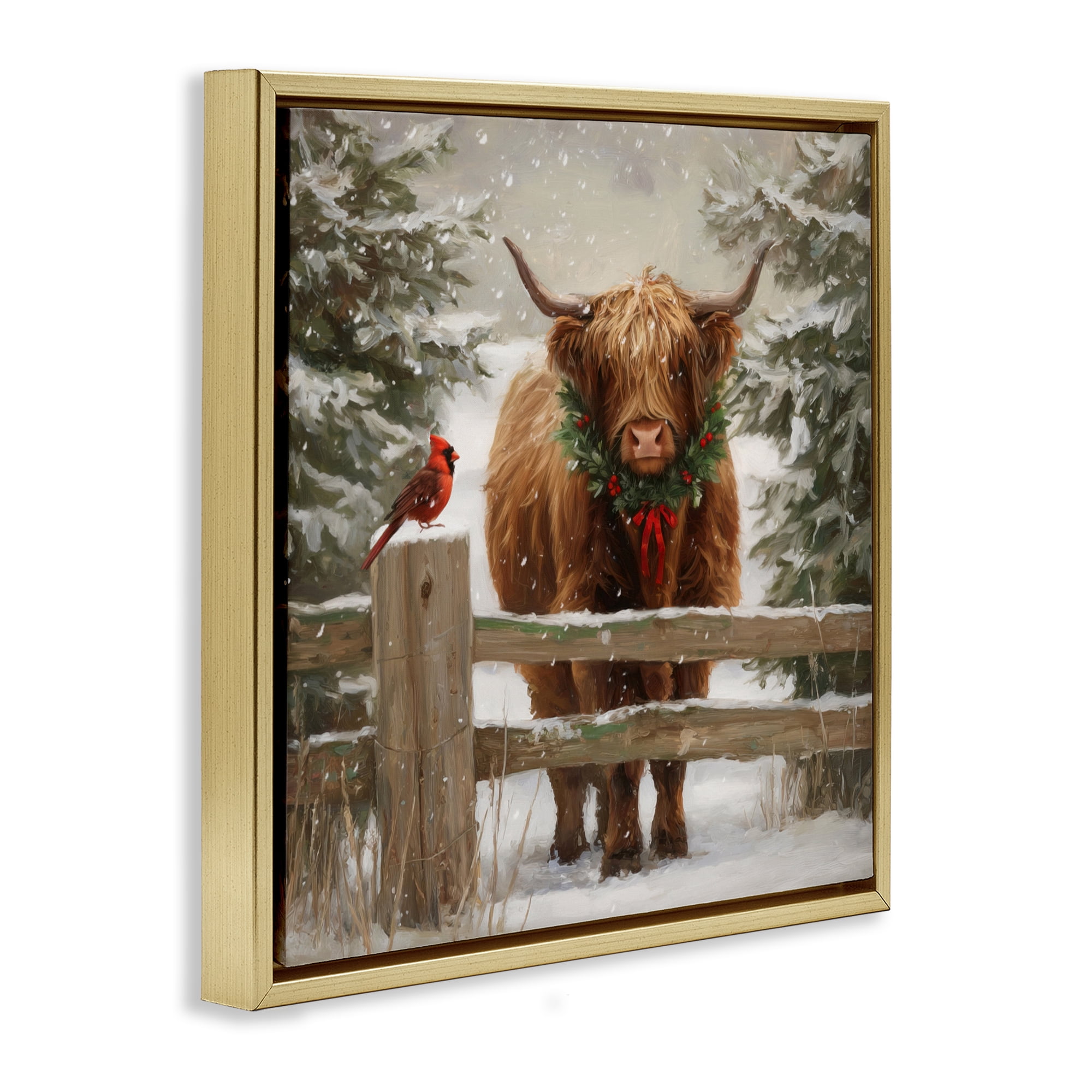 Stupell Industries Christmas Cow & Cardinal Gold Framed Floater Canvas Wall Art, design by Tina LeCour