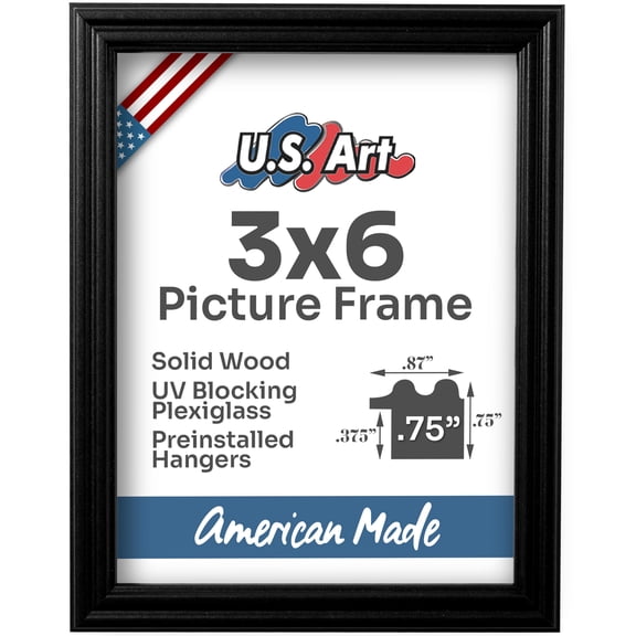 US Art Frames Black 3x6 Picture Frame .75" Wide - Preinstalled Hangers and UV Blocking Plexiglass, 100% USA Made
