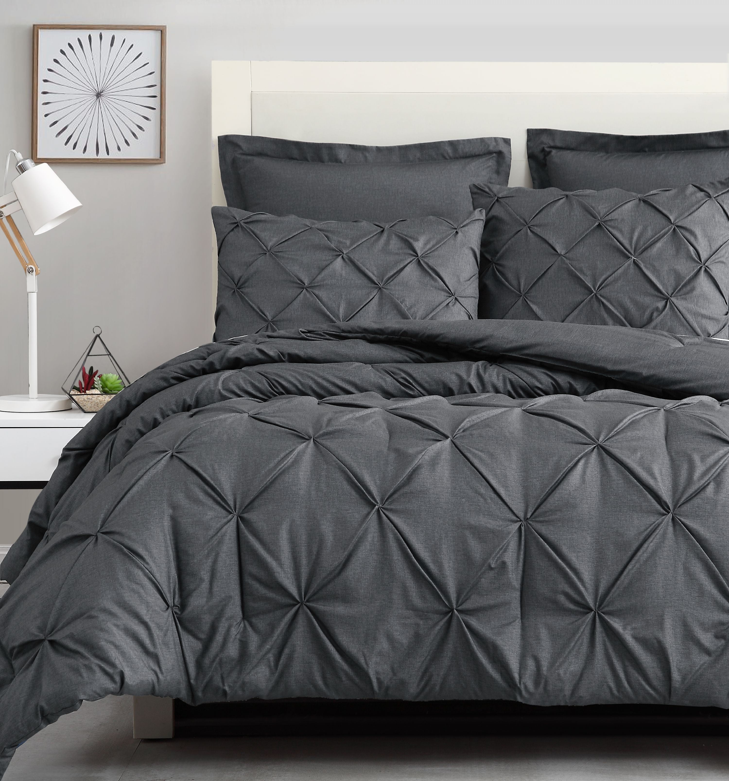 Estellar 3pc Charcoal Grey Comforter Set Pinch Pleat Bedding Cover