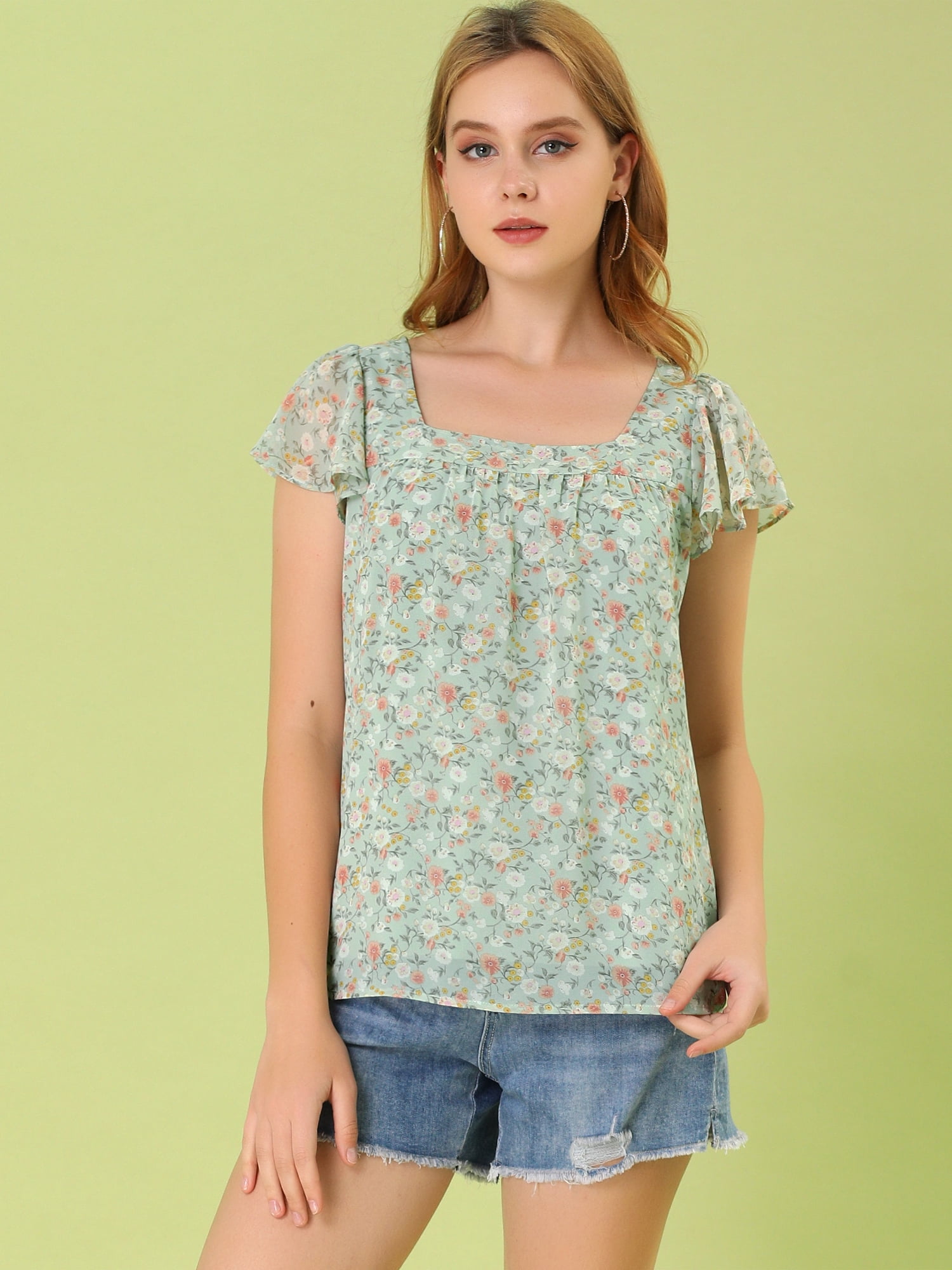 DARING DIVA Women's Floral Ruffle Sleeve Chiffon Blouse Top 3XL Green