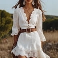 thumbnail image 4 of Women White Crochet Lace Mini Dress Deep V 3/4 Flare Sleeve Belted Ruffle Hem Summer Beach Dress, 4 of 5