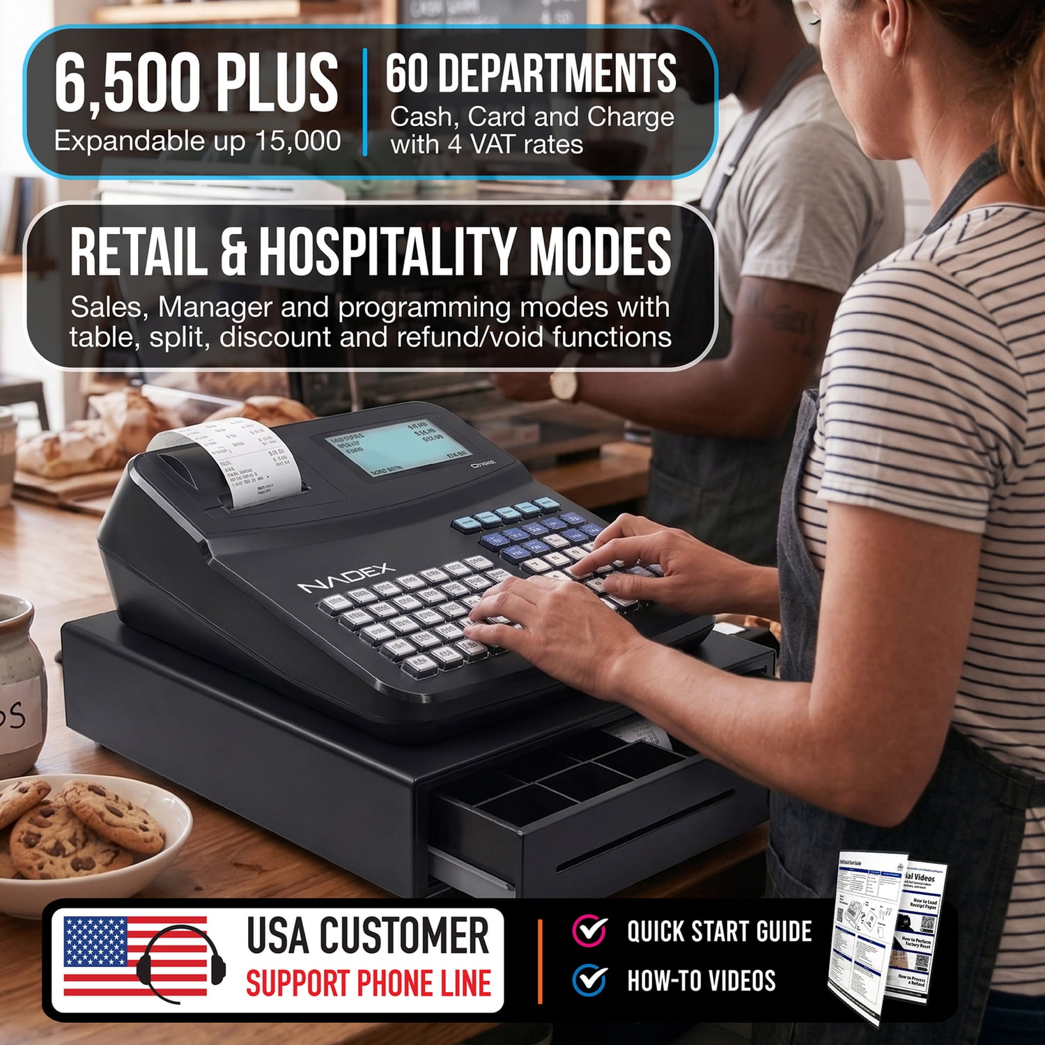Nadex Coins CR540 Electronic Cash Register with Locking Cash Drawer, Thermal Printer, 2 Displays, 60 PLUs, 70-Key Keyboard, RJ11/Serial/USB Ports