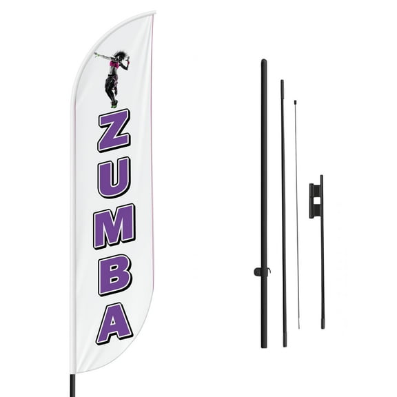 Zumbba Sign feather flag Pole Kit for Outdoor by Mavis Printing | 15 FEET Long Polyester Outdoor Banner Flag Stand for Easy Hang | HD Print Swooper Flag Pole Mount to Advertise Zumba| Made in USA