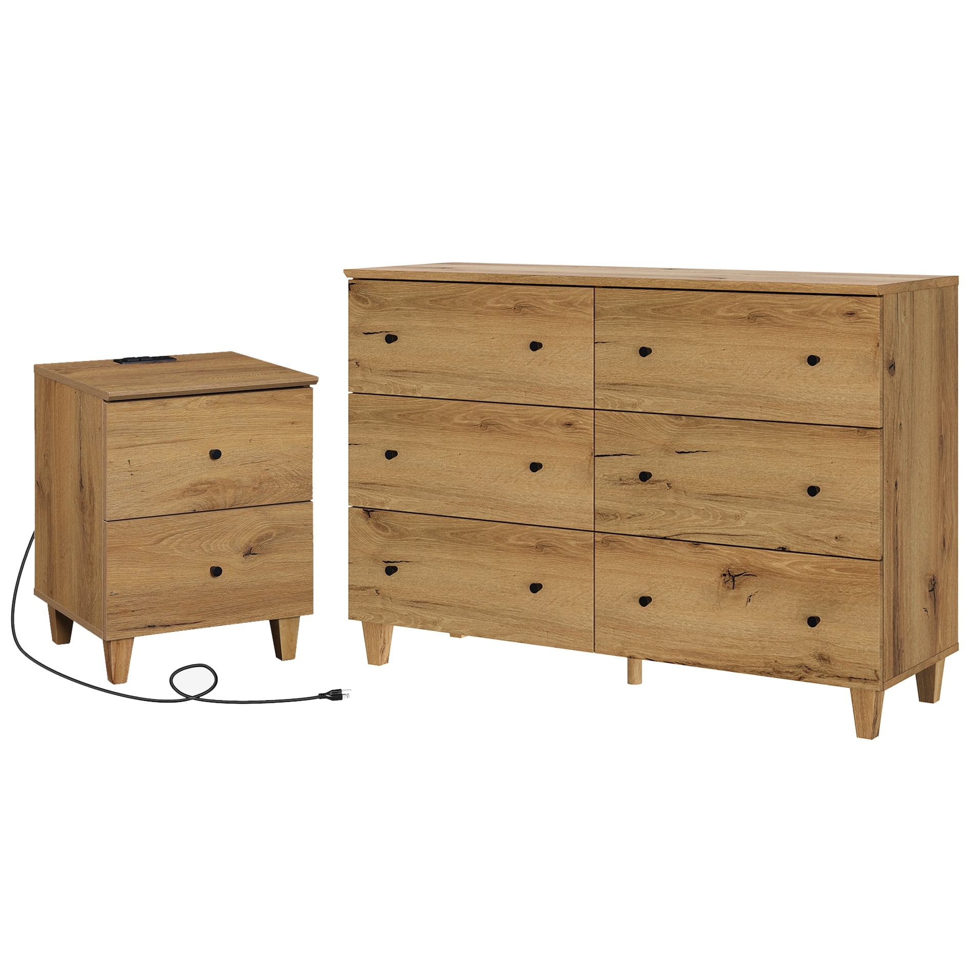 WAMPAT Dresser and Nightstand Set of 2, Wood Dresser with 6 Drawers, Nightstand with Charging Stations for Living Room, Dark Brown Wood