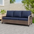 thumbnail image 2 of EAGLE PEAK 3 Seat Wicker Outdoor Patio Sofa, Outdoor Furniture Loveseat Sofa w/ Cushions, Curved Armrests, Outdoor Couch for Backyard, Deck, Porch, Brown/Blue, 2 of 8