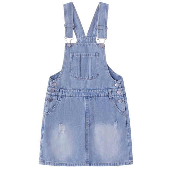 KIDSCOOL Girls Denim Overall Skirt, Kids Distressed Jean Bib Pinafore Dress Jumper, Blue,5-6 Years