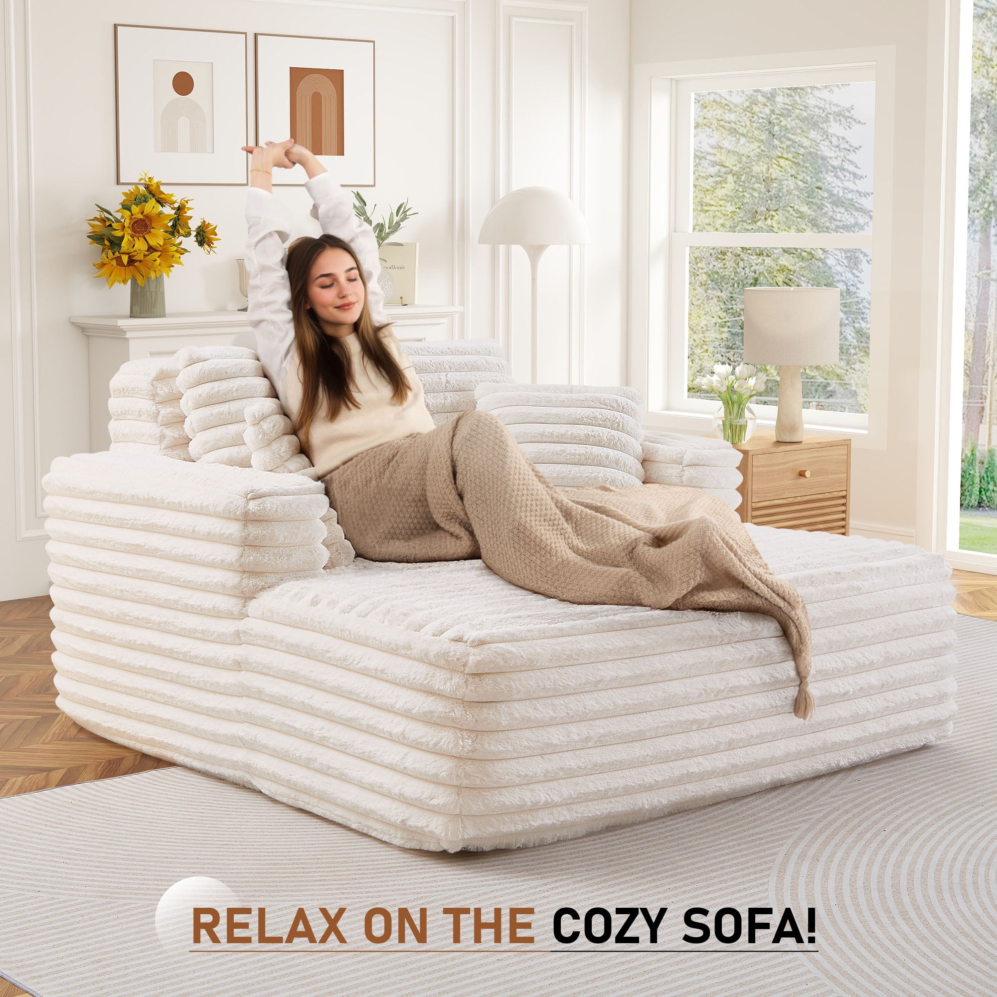 Muumblus Oversized Chaise Lounge Chair Indoor Furniture, No Assembly Required, Plush Corduroy Upholstered Sofa Bed Cozy Sleeper Couch for Living Room, Bedroom, Beige White