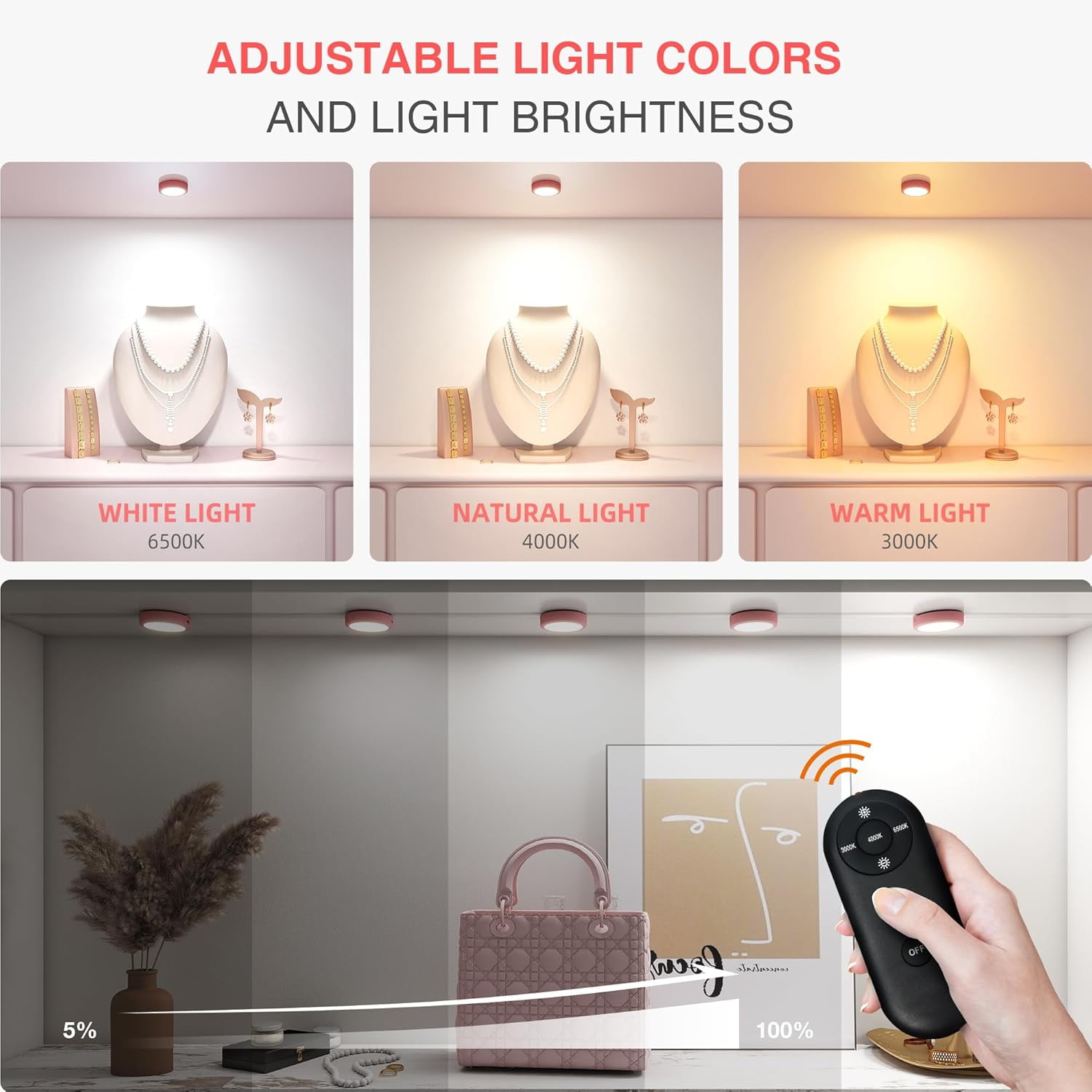 JJEAN-Rechargeable Puck Lights with Remote Control,LED Under Cabinet Light with Full-Screen,3 Color Temperatures Stick On Light Wireless, Tap Lights for Kitchen,Cabinet,Counter,Closet,Shelf,2 Pack, P