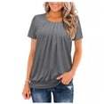 thumbnail image 2 of Summer Women's New Round Neck Solid Color Pleated Short Sleeve Casual T-Shirt - Blue - L, 2 of 6