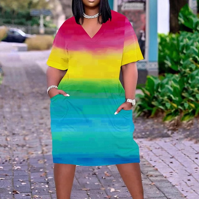 Amzcrzy Robes pour Femmes Robes Grande Taille pour Femmes aux Courbes Robes pour Femmes Robe Ample Imprimée Décontractée à Manches Courtes à Col en V Longueur Genou Robe Midi pour Femmes