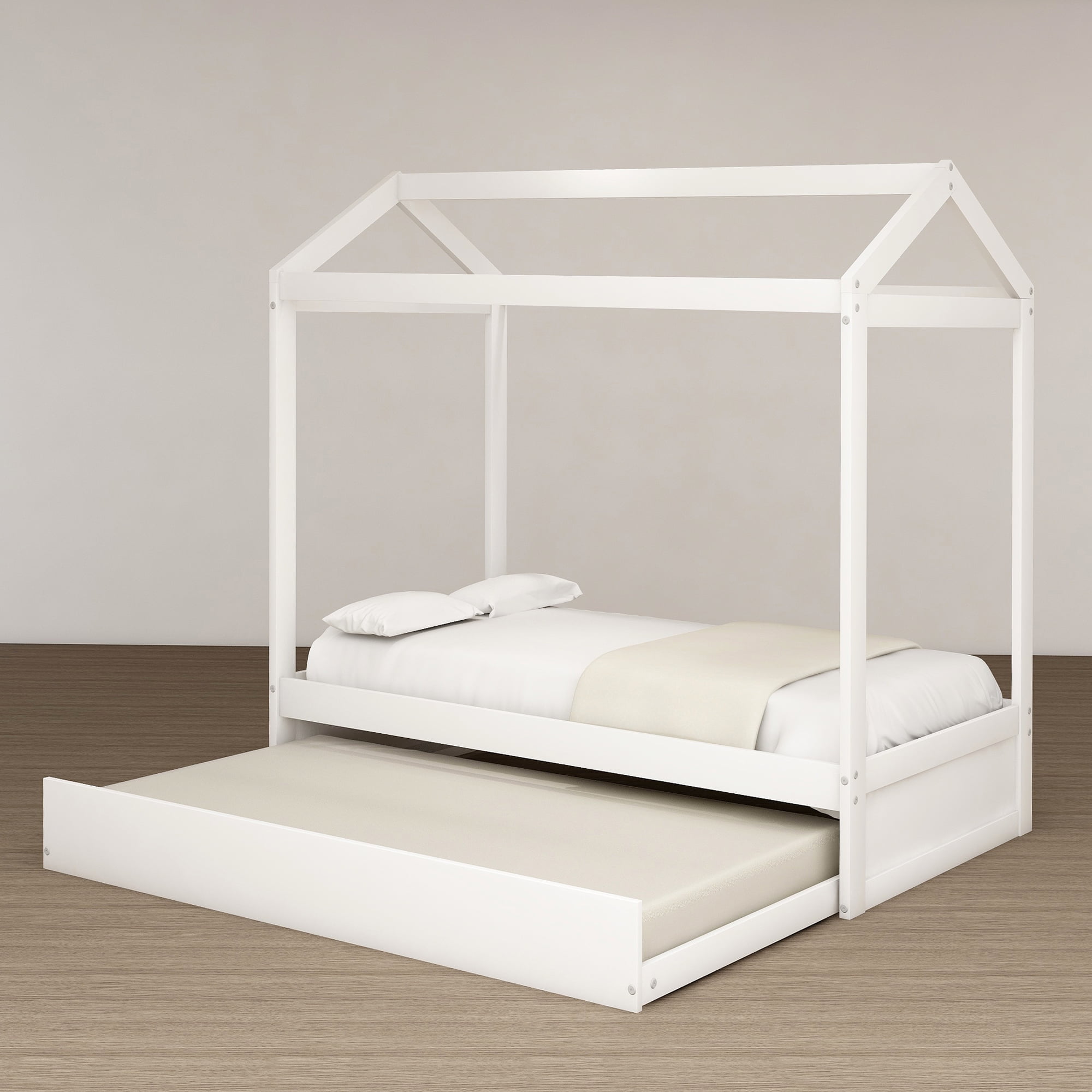 Aukfa House Bed with Trundle, Wood Kids Twin Bed - White