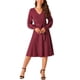thumbnail image 1 of Vestido de punto de manga larga con cuello en V y cintura atada para mujer INSPIRE CHIC, plisado, estilo A, color rojo vino, 1 of 1