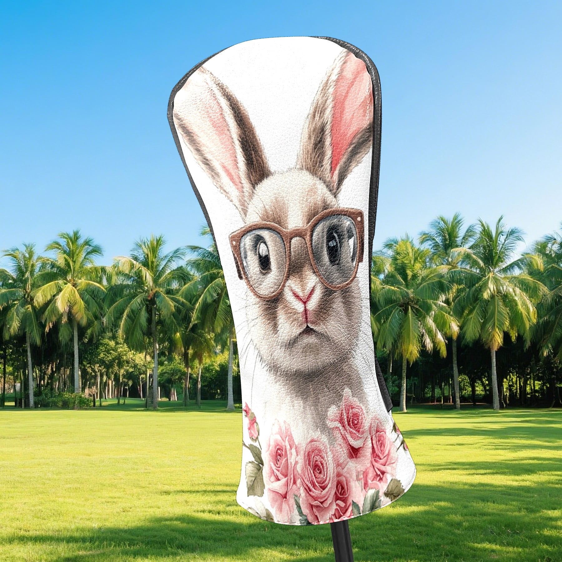 Golf Club Covers PU Leather Waterproof Head Covers for Fairway Woods Hybrids Rabbit With Glasses